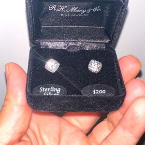 Macy's Square Diamond Stud Earrings, NWT sterling silver, pave